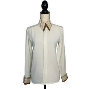 Susan Bristol Vintage Off White Gold Paisley Embroidered Collar & Cuff Blouse